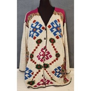 Vintage Carole Little Linen Cotton Blend Artsy Southwestern Sweater‎ Cardigan L